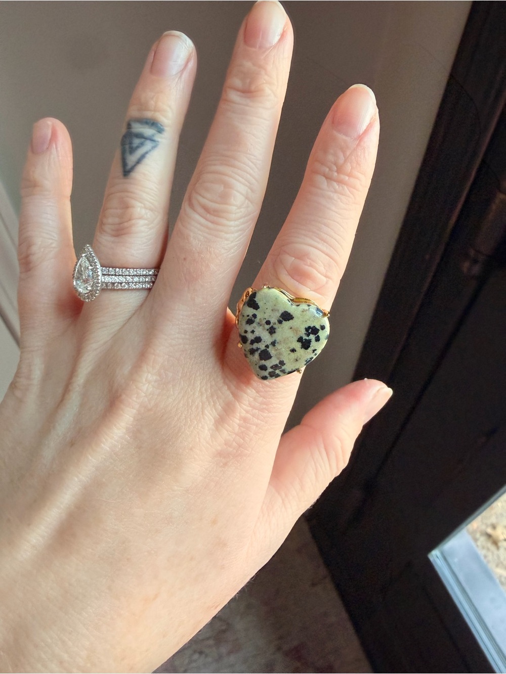 Gold Plated Dalmatian Jasper Heart Statement Ring - Women Jewelry adjustable